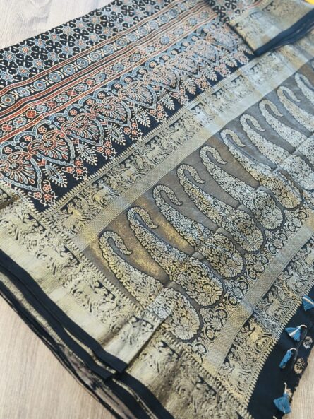 AC247 , Ajrakh Hand Block Printed Saree in Premium Dola Silk with Golden Zari Booti Blouse - Image 5