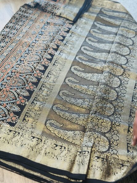 AC247 , Ajrakh Hand Block Printed Saree in Premium Dola Silk with Golden Zari Booti Blouse - Image 6