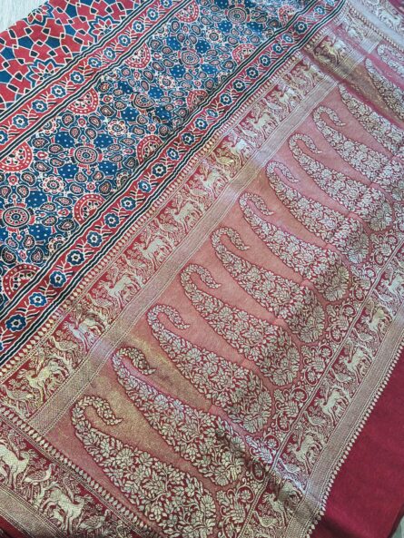 #MS04 Ajrakh Hand Block Printed Saree in Premium Dola Silk with Golden Zari Booti Blouse - Image 4