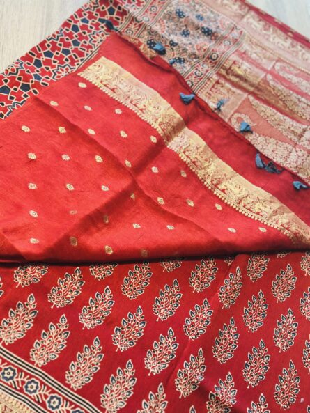 AC246 , Ajrakh Hand Block Printed Saree in Premium Dola Silk with Golden Zari Booti Blouse - Image 5