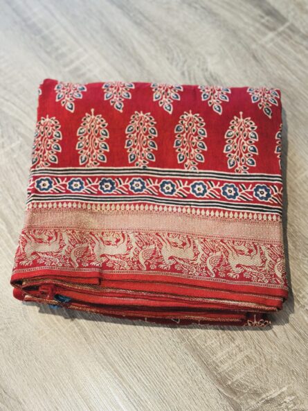 AC246 , Ajrakh Hand Block Printed Saree in Premium Dola Silk with Golden Zari Booti Blouse - Image 6