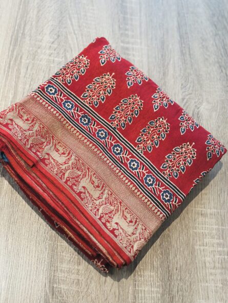 AC246 , Ajrakh Hand Block Printed Saree in Premium Dola Silk with Golden Zari Booti Blouse - Image 7