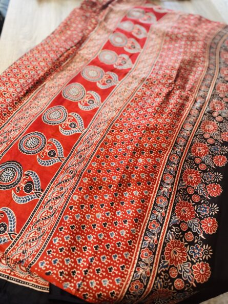 AC243 ,Ajrakh Hand Block Printed Saree in Premium Modal Silk - Image 4