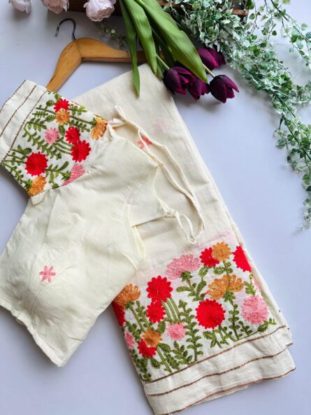 Kora Cotton Heavy Thread Embroidery Saree - Image 2